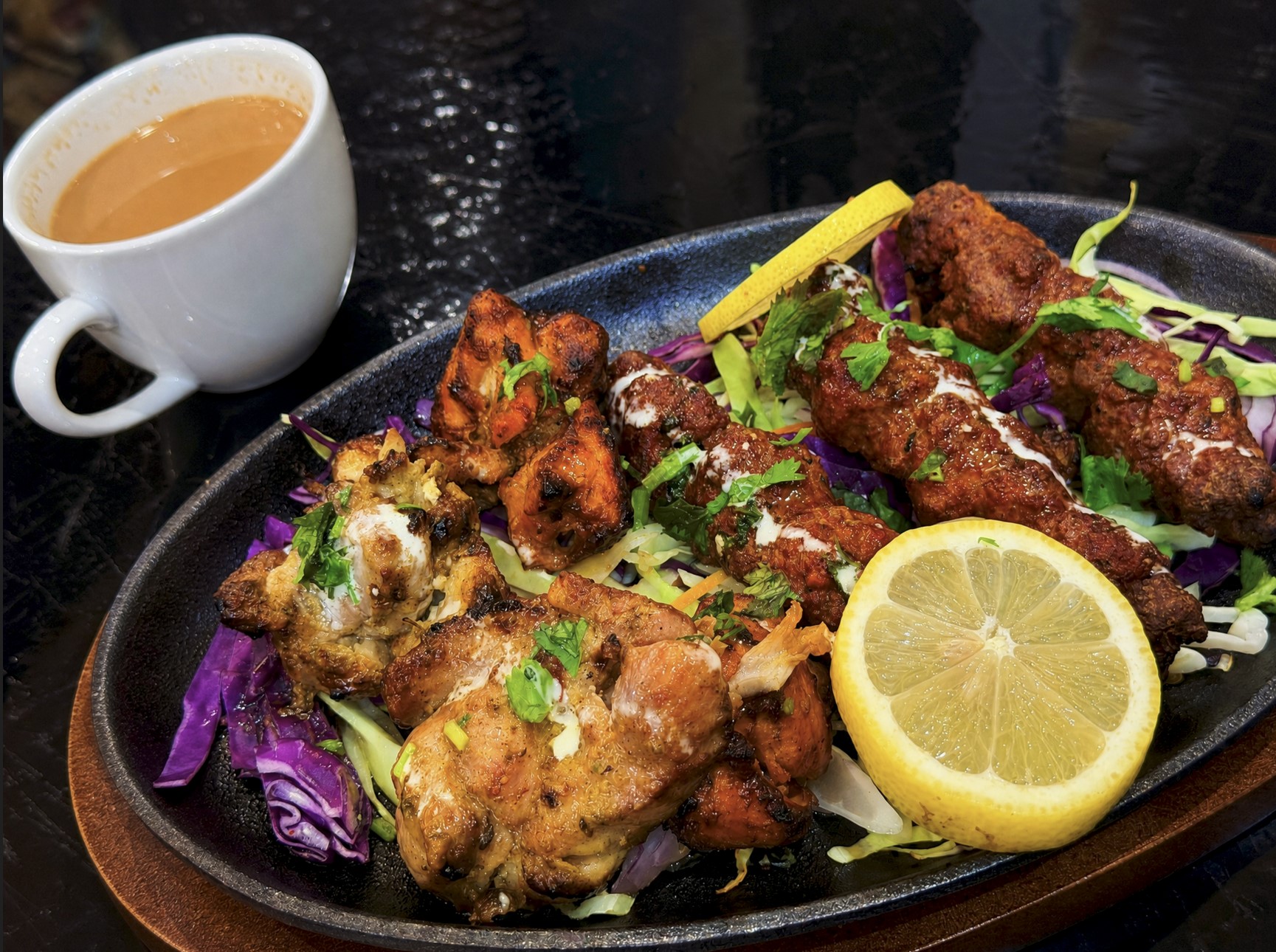 Tandoor & Chai signature tandoor platter featuring seekh kebab, chicken tikka, malai tikka with chutneys and kadak chai - Bedford Perth WA