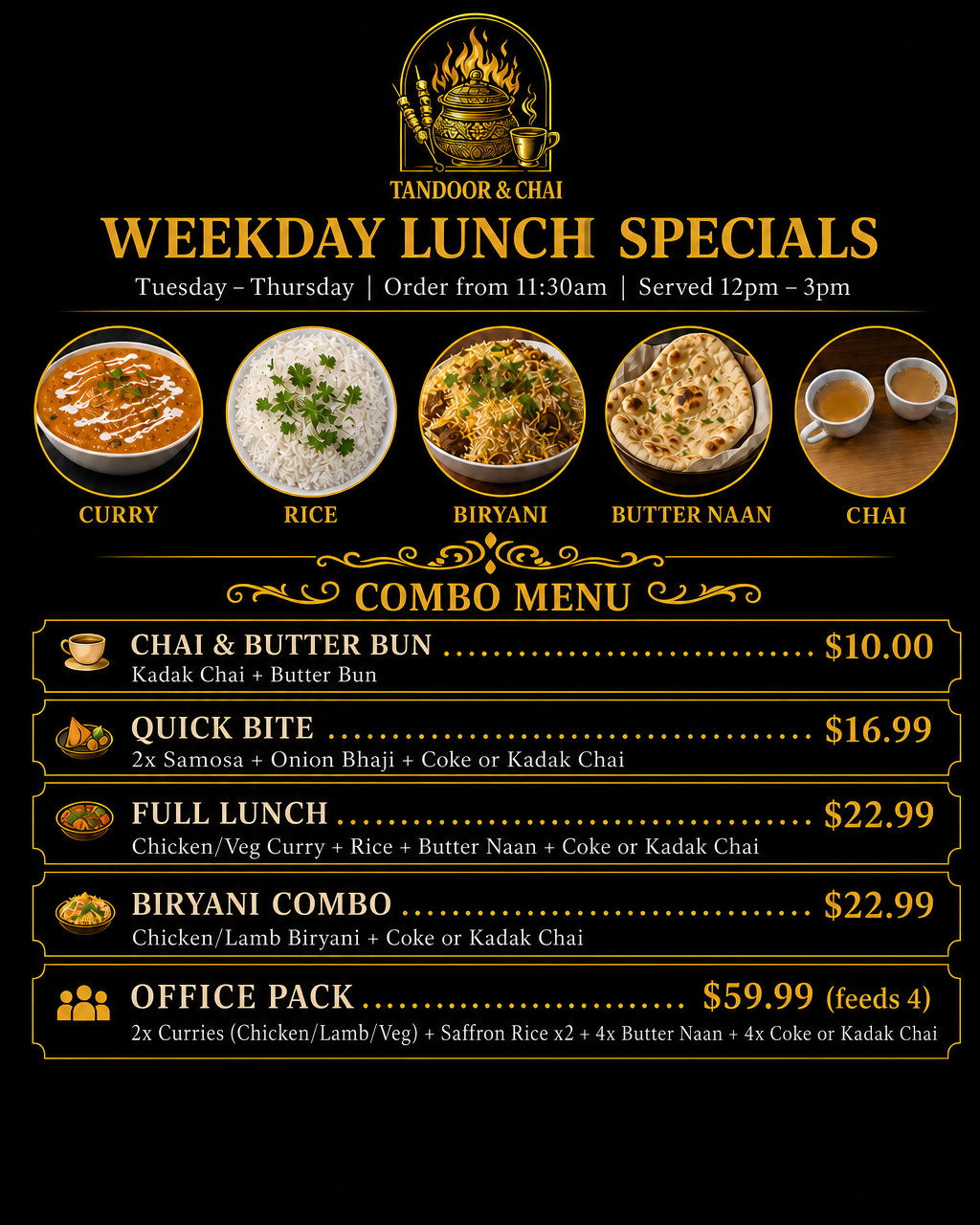 Weekday lunch specials menu at Tandoor and Chai Bedford Perth